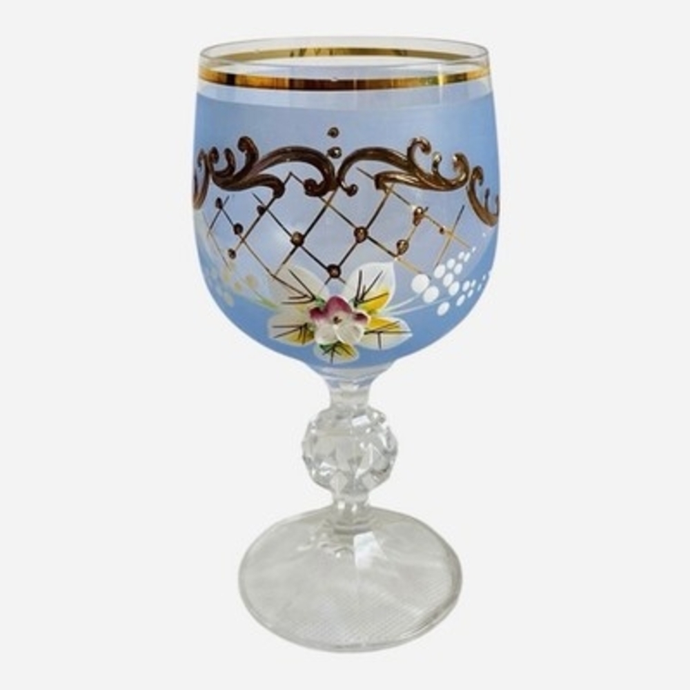 Vintage Bohemian Crystal Enameled Light Blue Wine Goblets Hand-Painted Floral VG - Picture 5 of 6